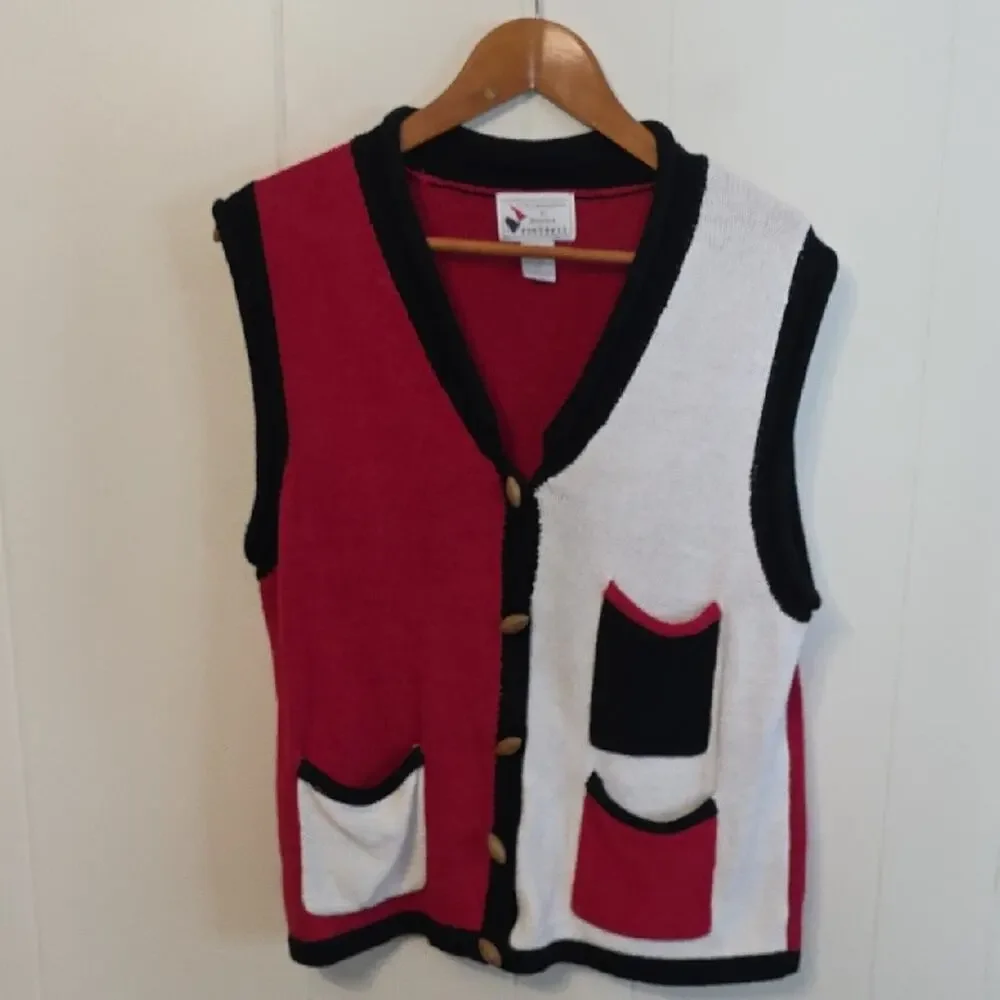 Vintage Christopher & Banks Red White Wooden Football Buttons Knit Vest Womens M